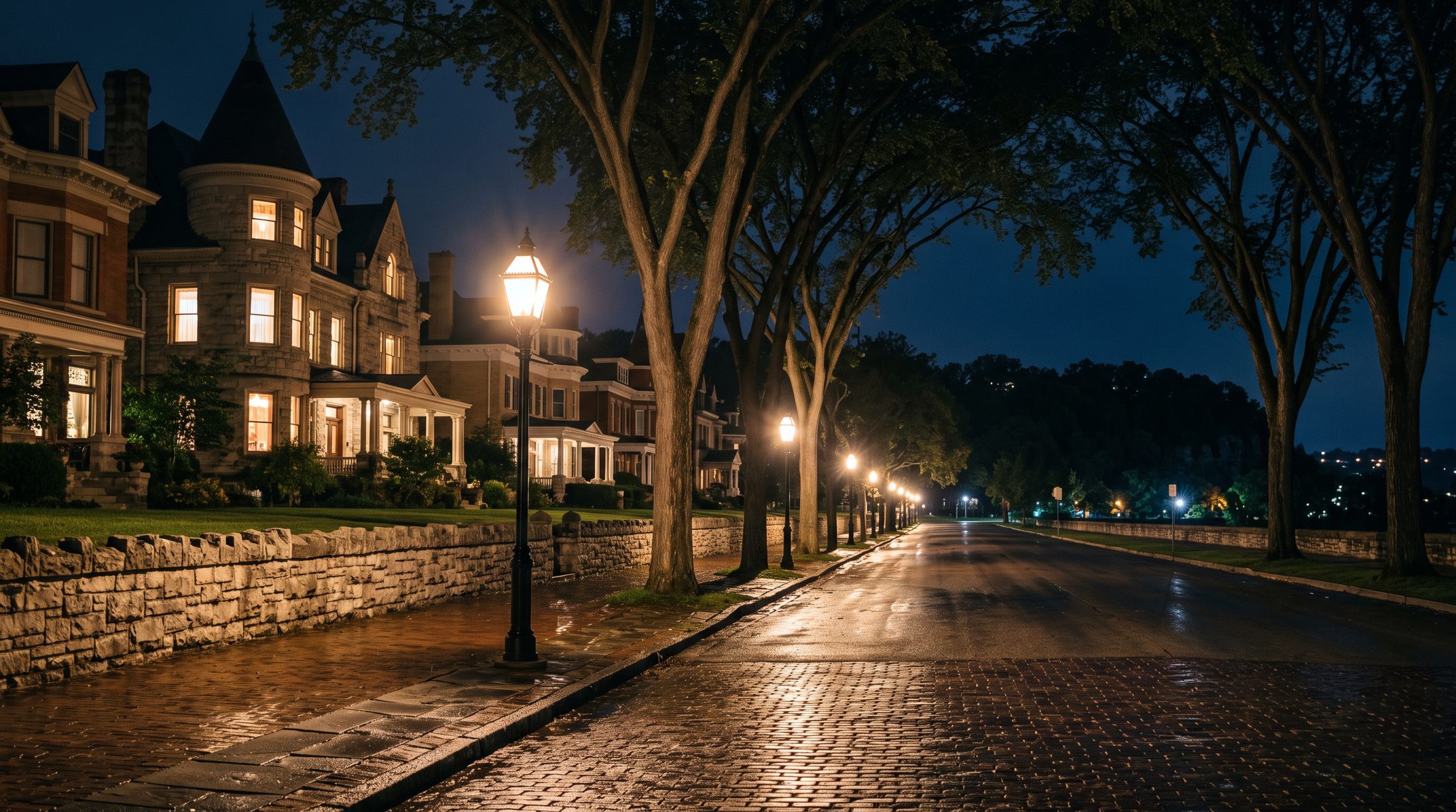 A wide historic boulevard at night lined with mature elms and large 1890s houses. Cast iron street lamps throw pools of warm light onto wet pavement, windows are lit in the houses, and a low limestone retaining wall runs along one side.