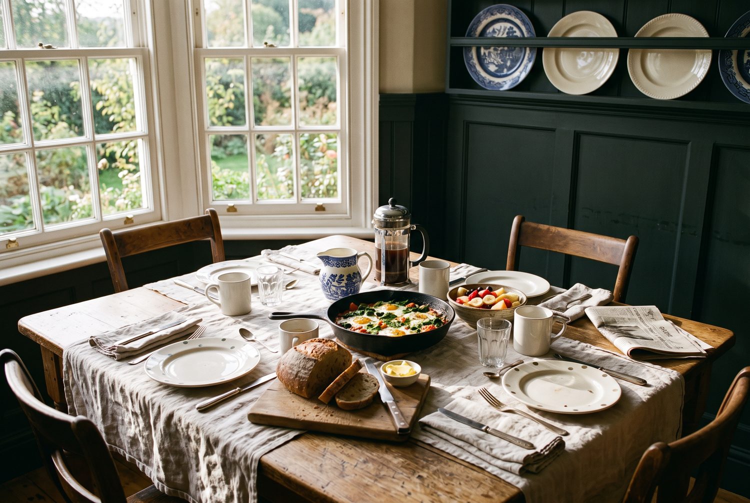 Breakfast laid on a scratched oak table in a bay window. Mismatched white plates, a cast iron pan of baked eggs, a cut loaf on a board, a jug of milk and a pot of coffee, with four places set and nobody down yet.