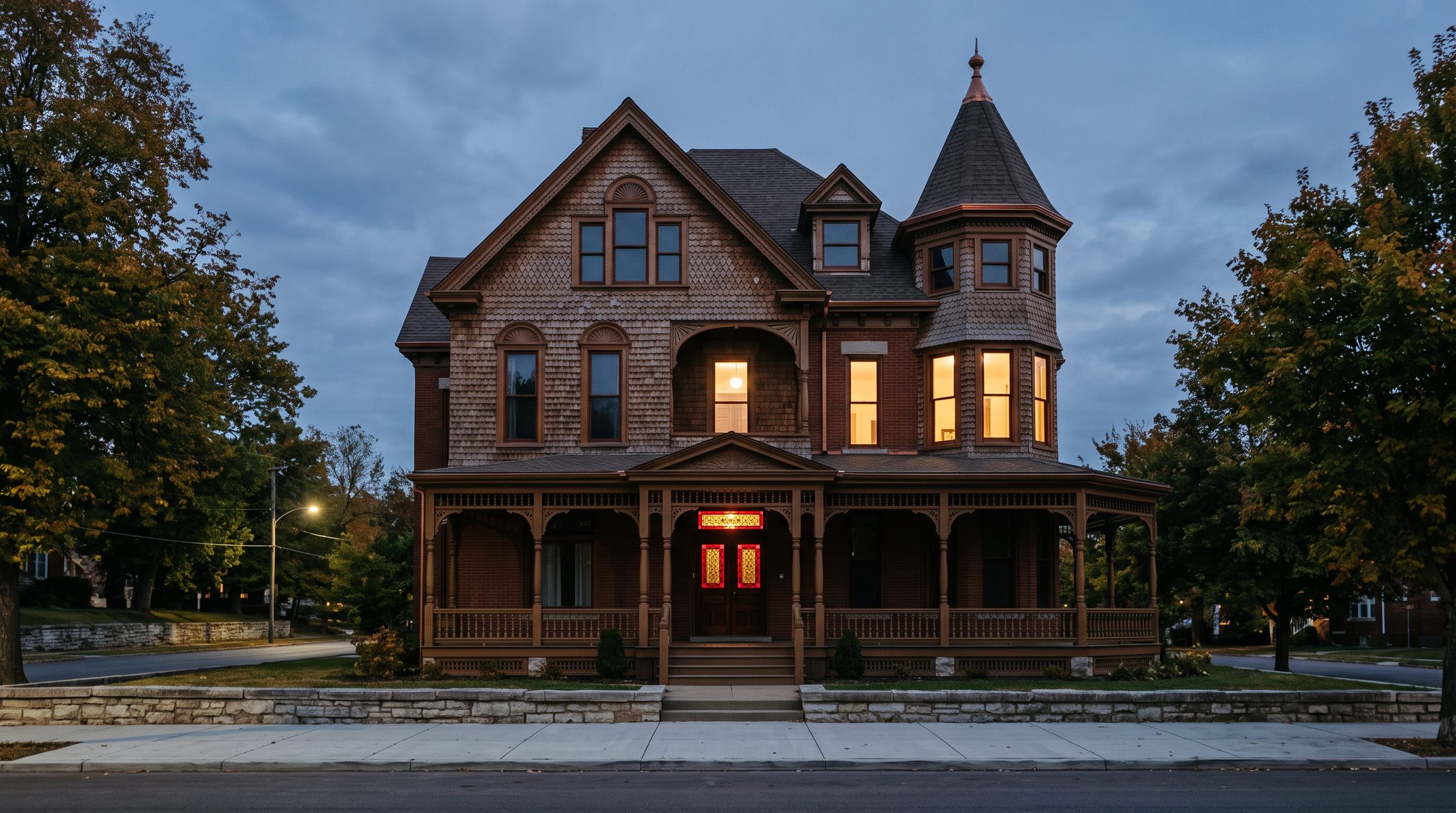 The front of a three storey 1888 Queen Anne house at dusk, seen straight on from the sidewalk across the boulevard. Dark brick below, shingled gables above, a corner turret and a deep wraparound porch. Four windows are lit warm from inside and a red and gold leaded glass panel glows over the front door.