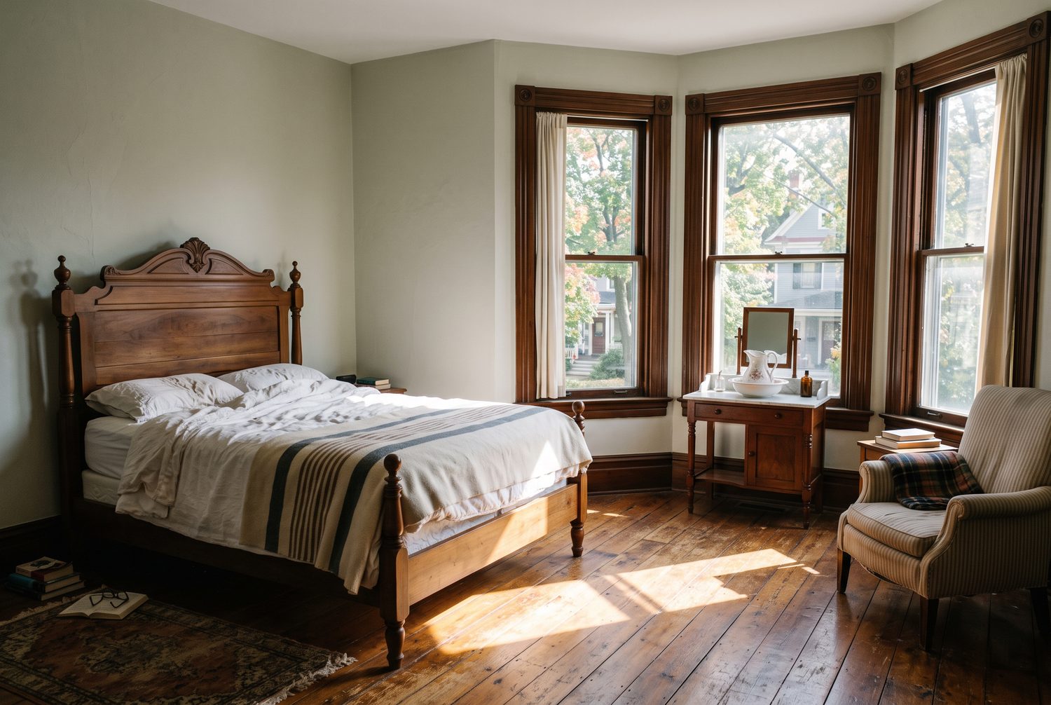 A bedroom with a high walnut bed and white linen. Three tall sash windows in a bay throw hard rectangles of morning sun across a worn oak floor. Plain pale plaster walls and a marble topped washstand.