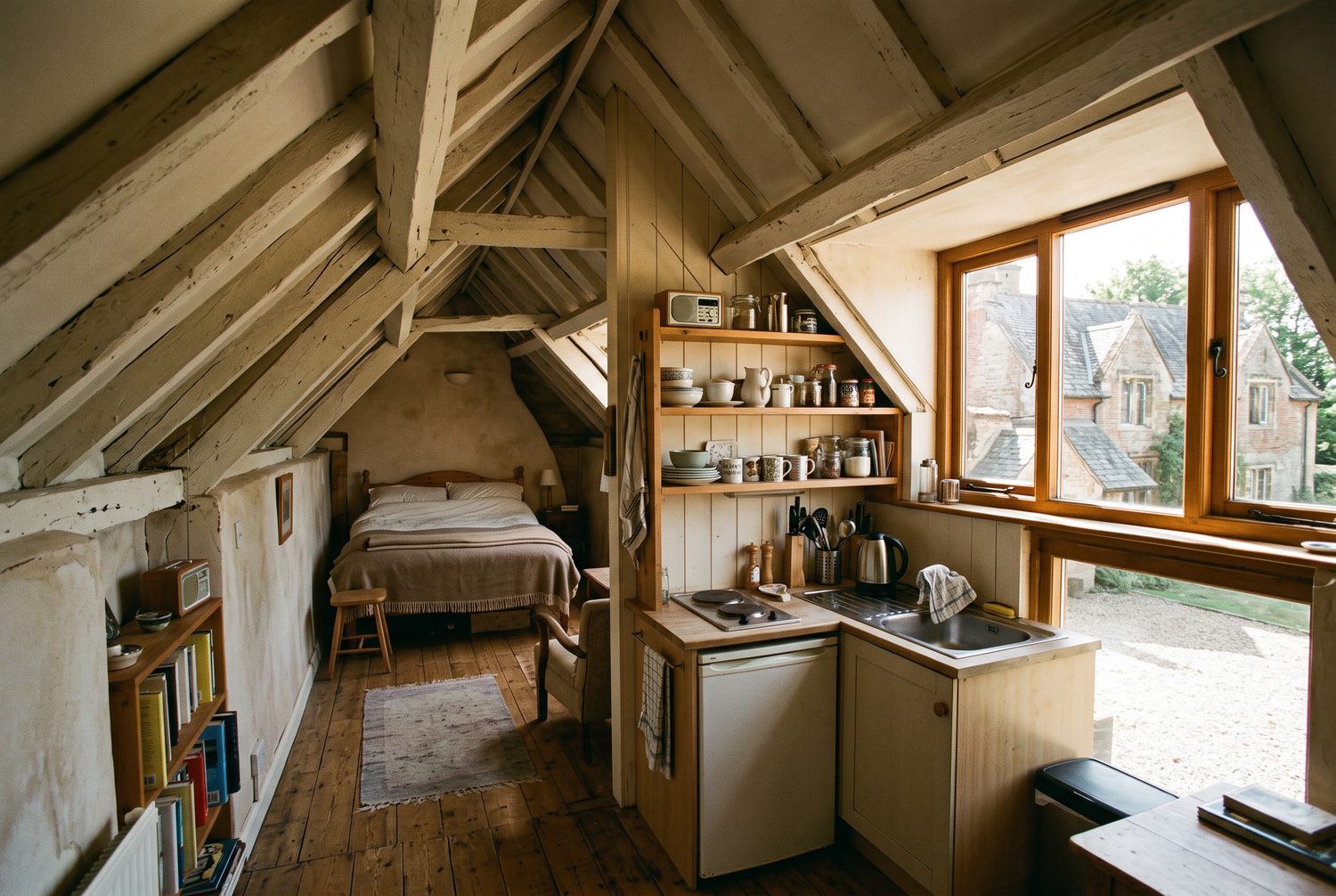 A small apartment under painted rafters above a carriage house. A wide dormer window looks down onto a gravel drive, a compact kitchen runs along one wall and a bed sits at the far end under the roof slope.