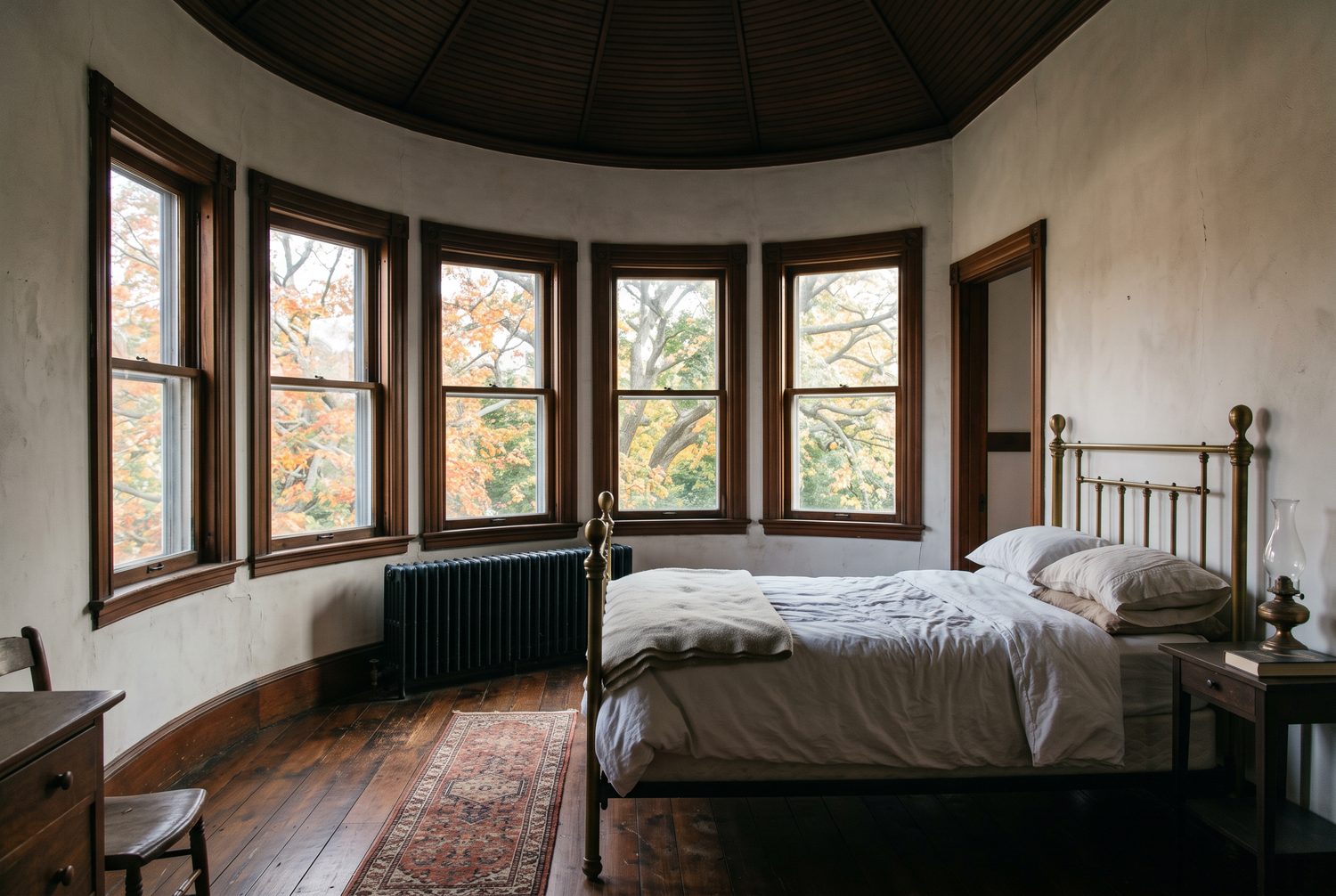 A small round tower bedroom. Five narrow windows curve around the outer wall looking into the tops of elm trees in late afternoon light. A brass bed stands against the one straight wall above bare floorboards.