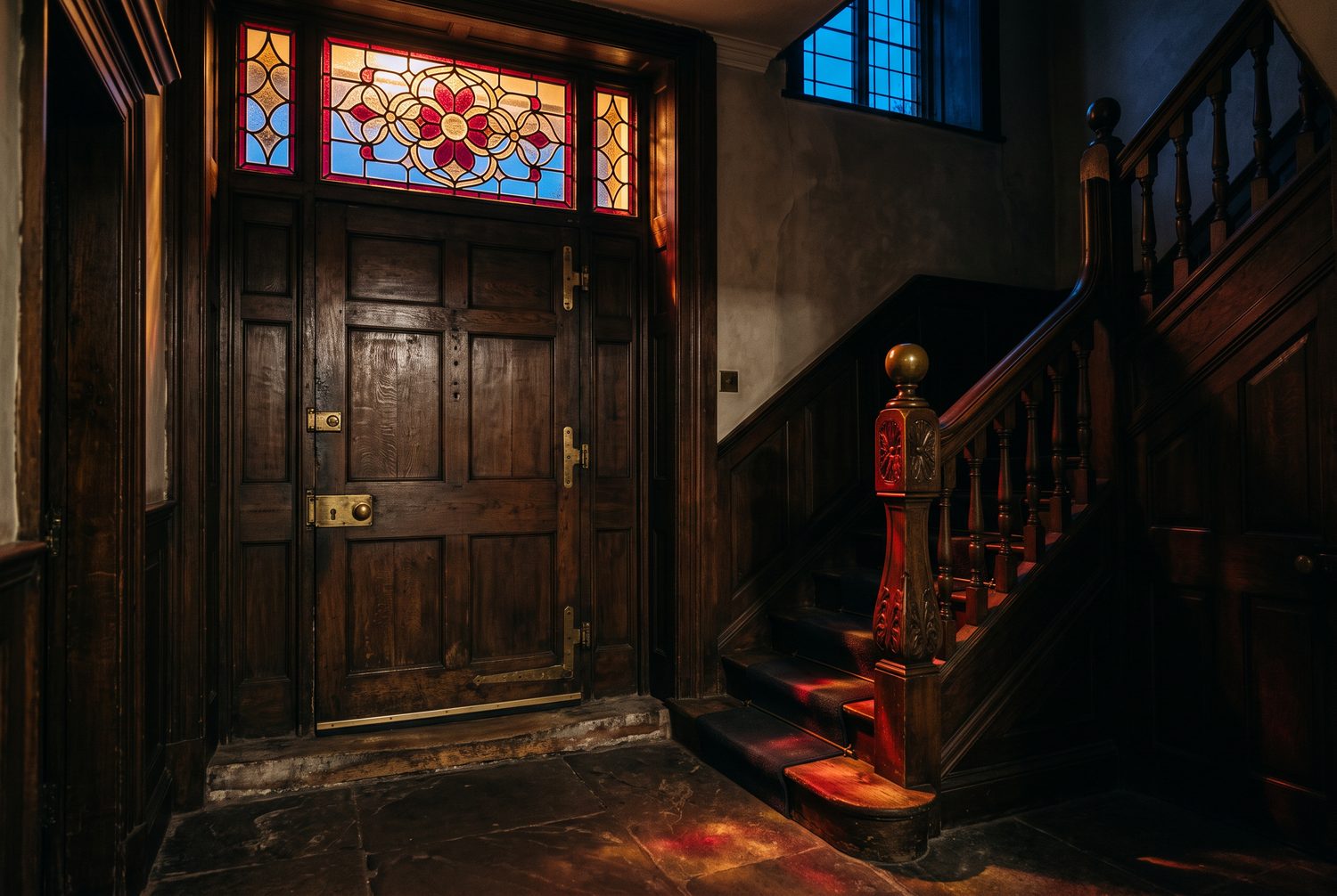 A red and gold leaded glass panel above a heavy oak front door, seen from inside a dark hall at dusk. The coloured glass throws faint red and gold patches onto the newel post and the first treads of a carved oak staircase.